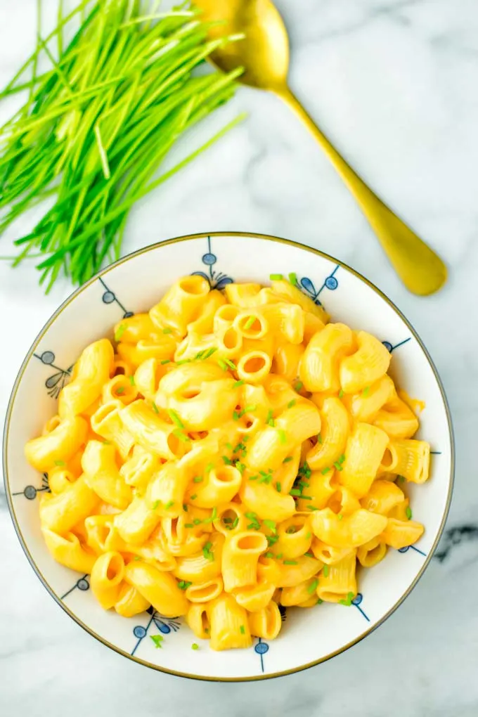 View from above on a large bowl of Mac and Cheese from the instant pot.