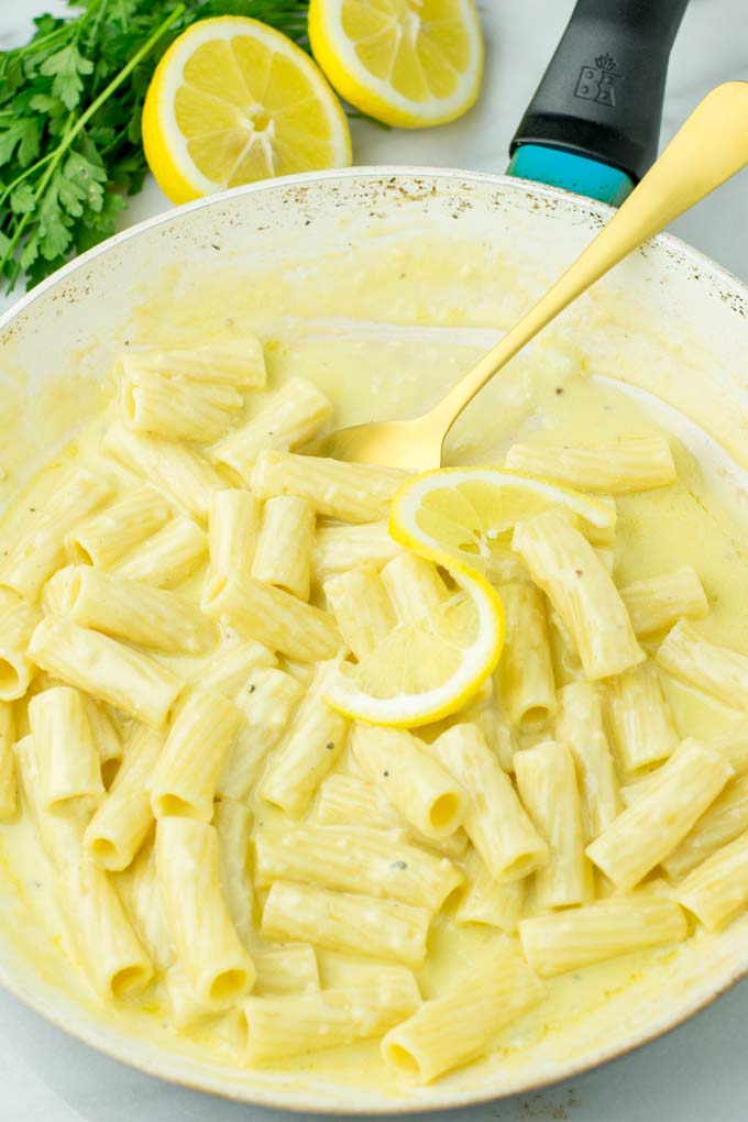 Creamy Lemon Pasta Sauce in a saucepan.