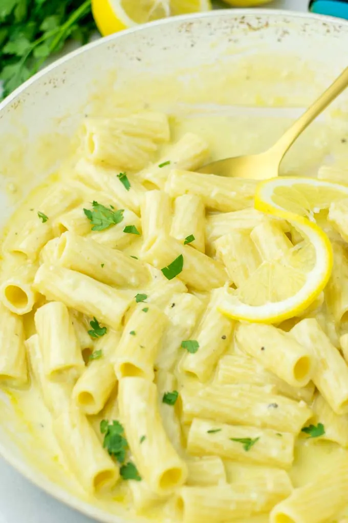 Lemon Sauce over rigatoni.