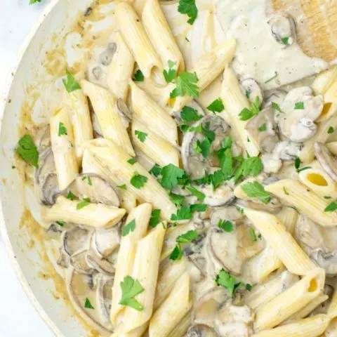 Parsley covered portion of pasta.