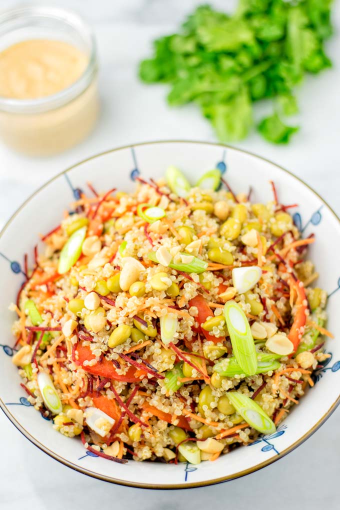 Bowl of the quinoa salad with Thai Peanut Sauce