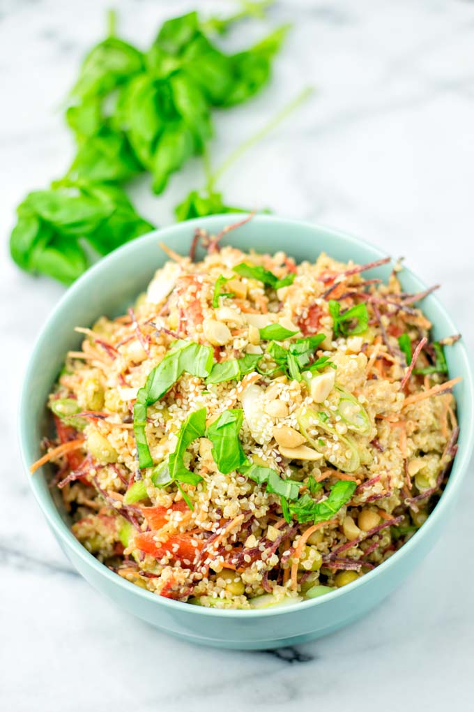 Closeup view of the Thai Quinoa Salad in a light blue bowl.