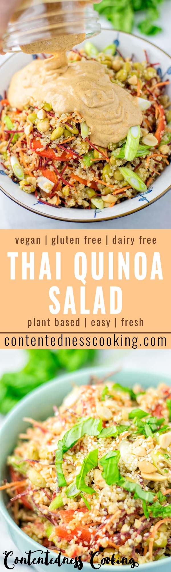 This Thai Quinoa Salad is super easy to make and naturally vegan, gluten free. It is all covered with the most delicious dressing you can ask you. Enjoy it for dinner, lunch, meal prep, work lunch and quick family meals. Even the pickiest kids will love it in no time. #vegan #dairyfree #glutenfree #dinner #lunch #mealprep #bugdetmeals #worklunchideas #vegetarian #contentednesscooking #familydinner #kidsmeals #thaiquinoasalad 