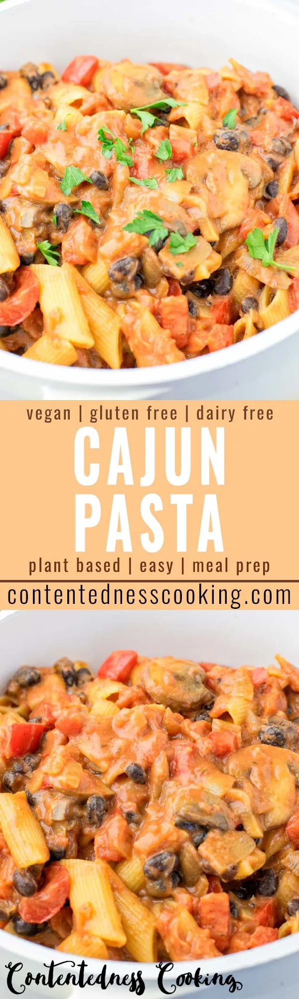 This Cajun Pasta is super easy to make and packed with such amazing flavors. No one would ever guess it is vegan and gluten free, too. Ready in under 30 minutes on the table, so amazing for dinner, lunch, meal prep that the whole family will love. #vegan #dairyfree #glutenfree #cajunpasta #30minutemeals #vegetarian #contentednesscooking #dinner #lunch #mealprep #comfortfood #familydinner 