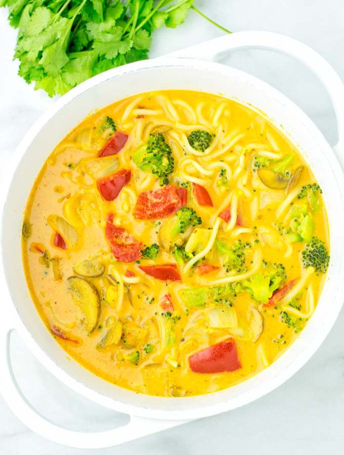 Top view of the Coconut Curry Noodle Soup.