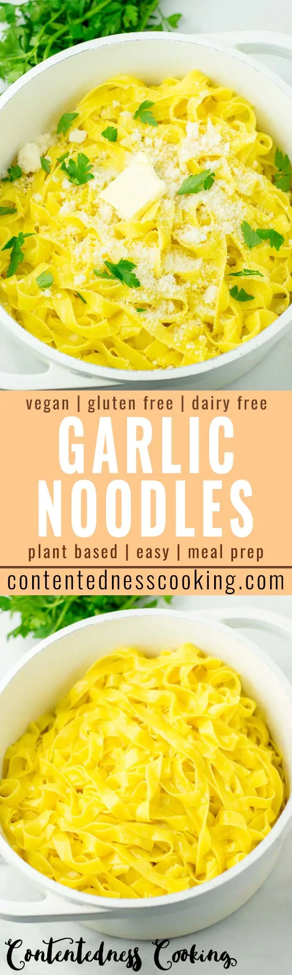 This garlic noodles are super easy to make and so satisfying! No one would ever guess it is vegan and even gluten free. Even your kids will love this pasta in no time. #vegan #dairyfree #glutenfree #vegetarian #garlicnoodles #budgetmeals #kidsmealsideas #familydinner #comfortfood #mealprep #worklunchideas #contentednesscooking 