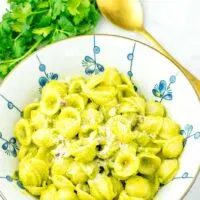 Pesto pasta sprinkled with fresh vegan Parmesan.