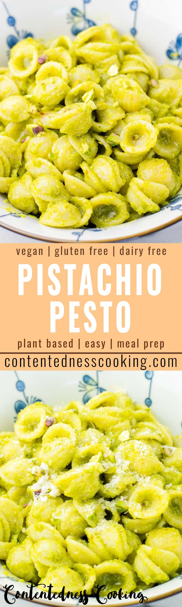 This Pistachio Pesto is super easy to make and so delicious over pasta! No one would ever guess it is vegan and dairy free. A staple for dinner, lunch, meal prep, work lunch, easy family dinners that the whole family and even pickiest kids will love. #vegan #dairyfree #glutenfree #vegetarian #dinner #lunch #mealprep #worklunchideas #kidsmeals #familyfavoritedinners #contentednesscooking #pasta #5minutedinner #pesto #pistachio 