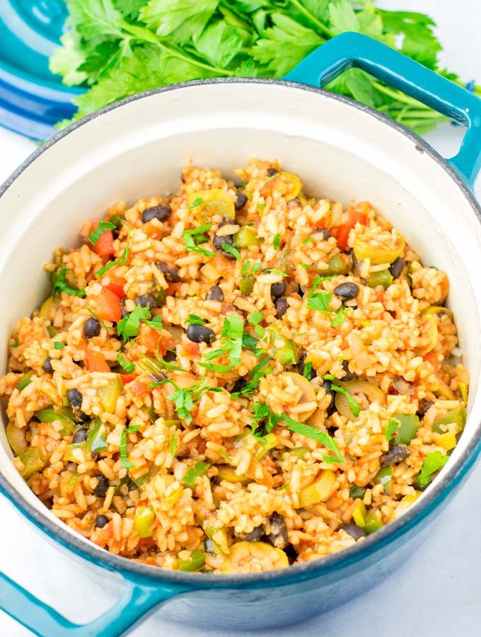 Ready to eat family pot of Spanish Rice and Beans.