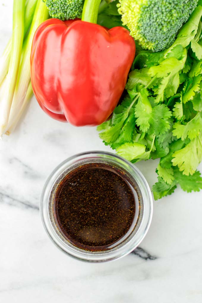 Top view of the homemade stir fry sauce, ready to use.