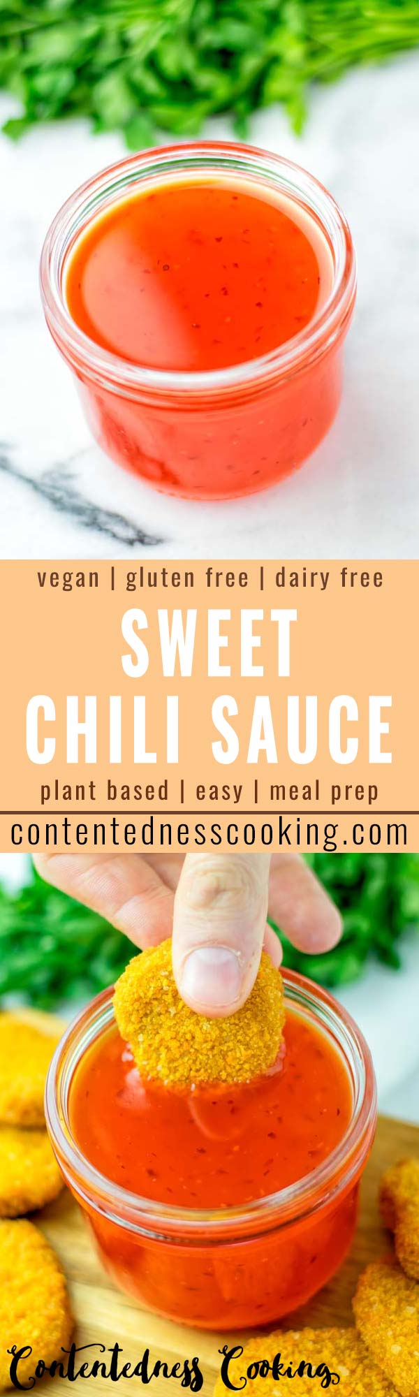 Make this Sweet Chili Sauce at home so delicious and versatile for many things. Homemade tastes so much better and will beat store bought in no time. Naturally vegan, gluten free and packed with such amazing flavors. Once you’ve tried it you know you need this condiment everyday. Great for dinner, lunch, meal prep that the whole family will love. #vegan #dairyfree #glutenfree #sweetchilisauce #vegetarian #contentednesscooking #dinner #lunch #mealprep #comfortfood #condiments