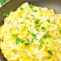 Closeup of the pasta with white wine sauce, ready to eat.