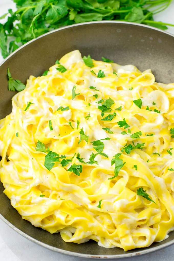 Closeup of the pasta with white wine sauce, ready to eat.