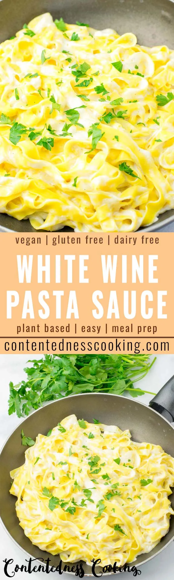 This White Wine Pasta Sauce is super easy to make and so comforting. Rich, creamy and no one would ever guess it is vegan and even gluten free. Serve it over your favorite pasta for lunch, dinner, meal prep and even date night dinners perfect for two! #vegan #dairyfree #glutenfree #vegetarian #contentednesscooking #pasta #mealprep #comfortfood #whitewinesauce #whitewinepastasauce #datenightdinners 