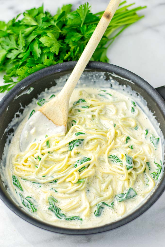 Creamy Paste with Spinach in saucepan.