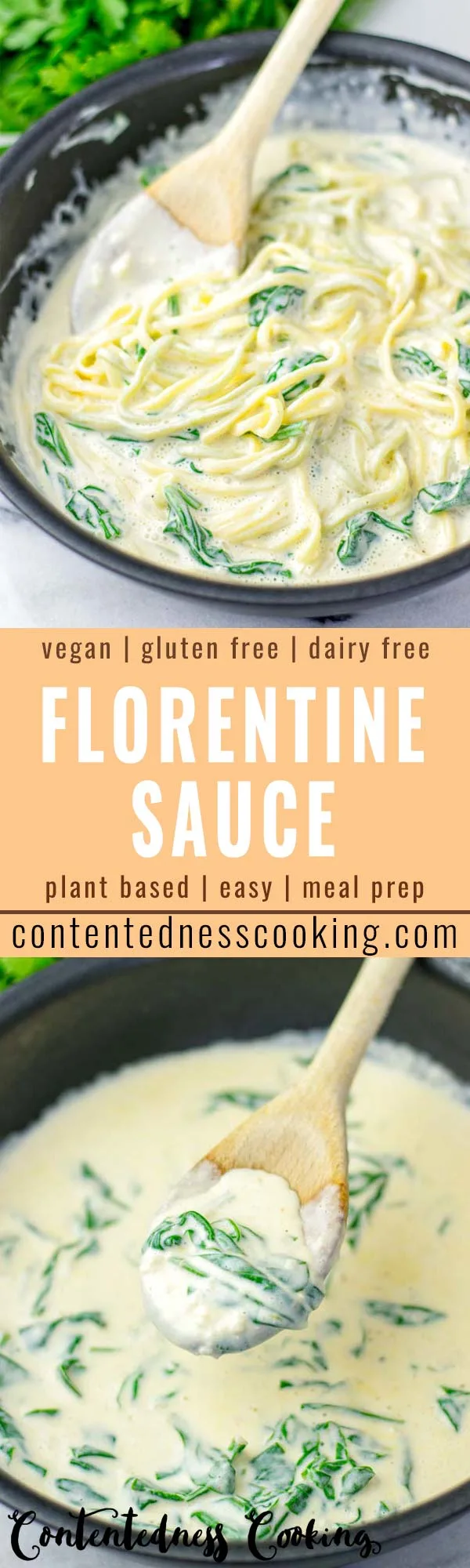 Super creamy and easy to make Florentine sauce is so delicious for dinner, lunch, meal prep, over pasta, rice, potatoes, veggies so yummy! No one would ever taste it is vegan and even gluten free. #vegan #dairyfree #glutenfree #vegetarian #cotentednesscooking #florentinesauce #dinner #lunch #worklunchideas #poultryseasoning #pastasauce #comfortfood #familydinners #onepotmeals 