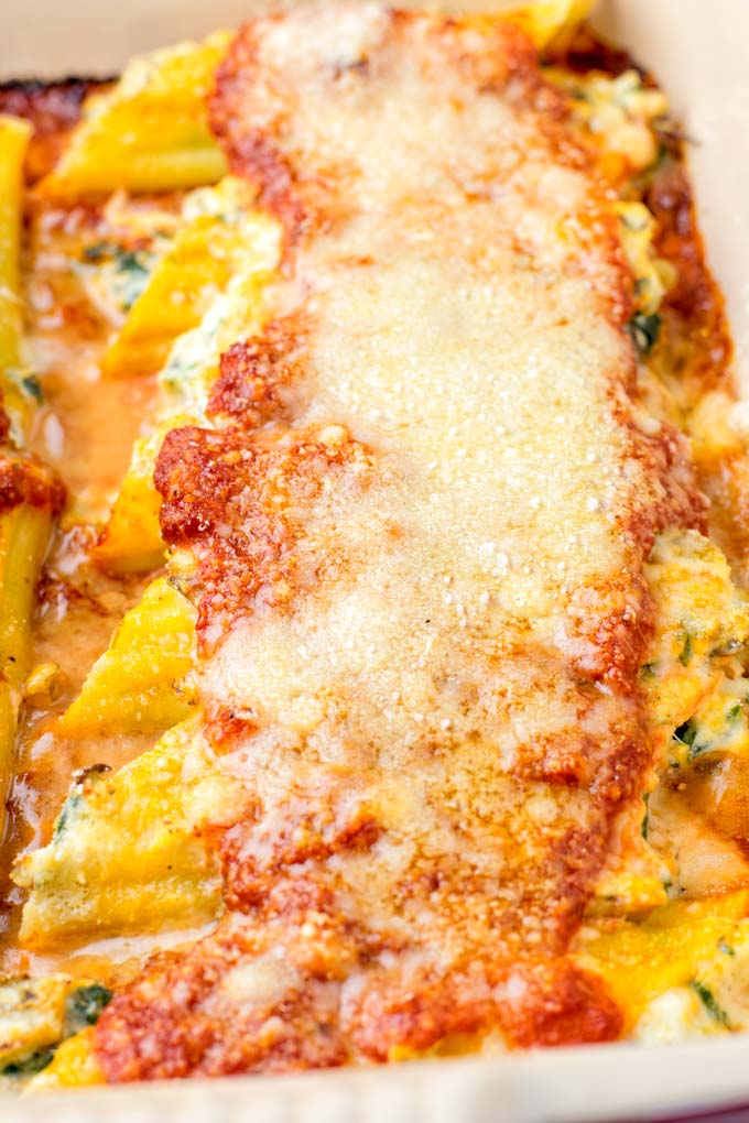 Sizzling casserole with manicotti.