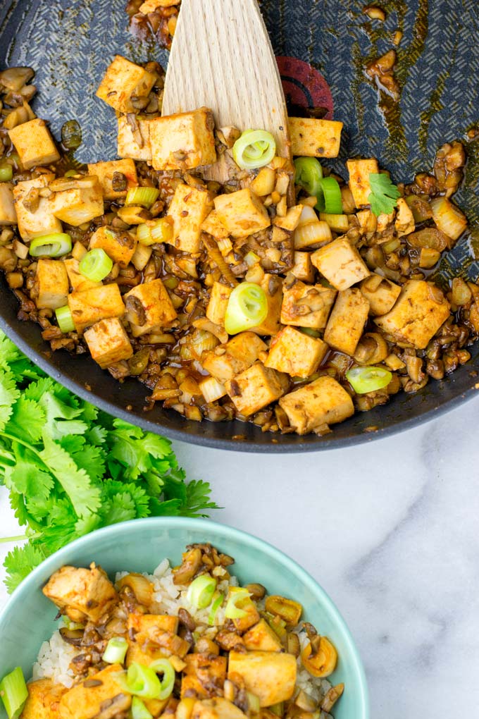 Mapo Tofu top view on the filled pan and the bowl.