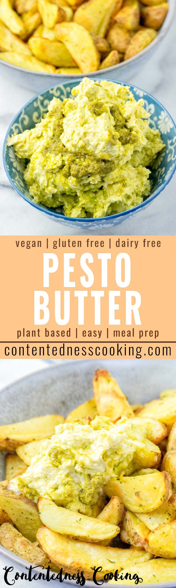 This Pesto Butter is super easy to make, versatile and so comforting. No one would ever guess it is vegan, gluten free, and it tastes so delicious over pasta, bread and potatoes. This will surely become a family favorite in no time. #vegan #dairyfree #glutenfree #pesto #butter #vegetarian #dinner #lunch #mealprep #comfortfood #contentednesscooking