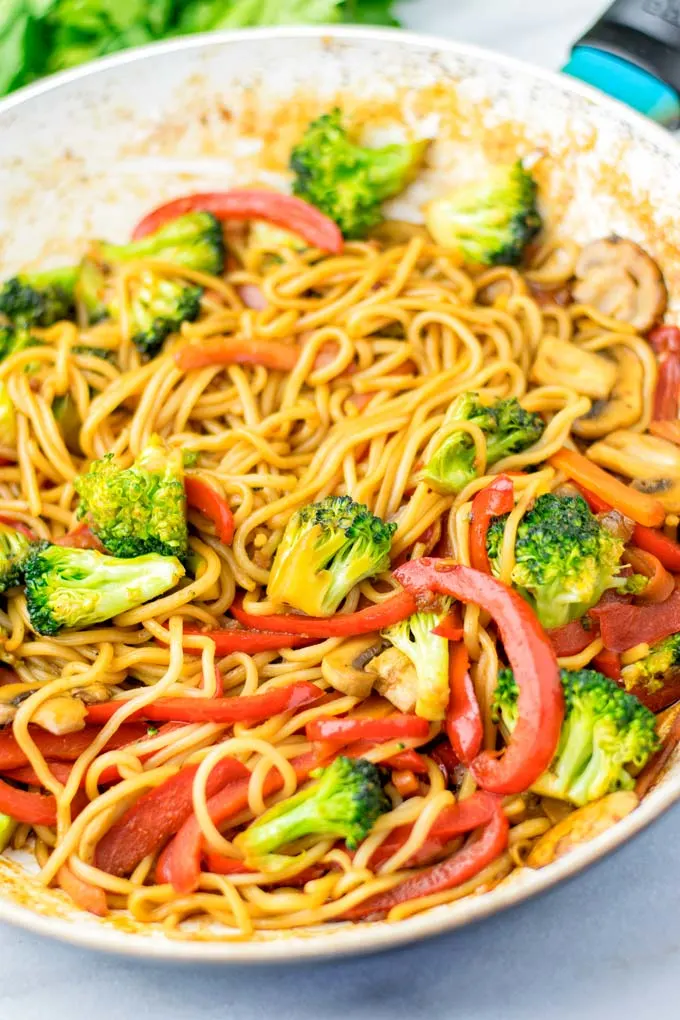 View from above on a large pan, showing how this noodle recipe is being prepared.