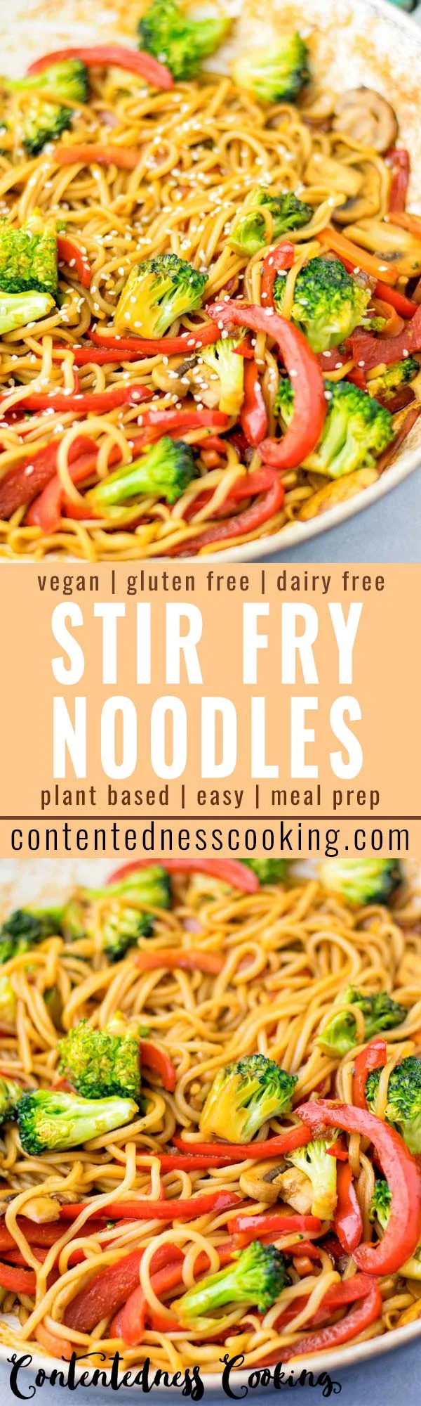 These Stir Fry Noodles are made with a homemade stir fry sauce and done in no time. It is a one pot meal, which is naturally vegan, gluten free and so delicious that the whole family will love it. #vegan #dairyfree #glutenfree #vegetarian #onepotmeals #contentednesscooking #dinner #lunch #mealprep #stirfrynoodles