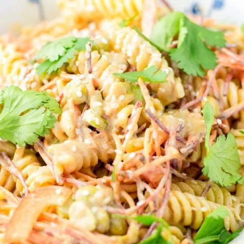 Close up view of the creamy Thai peanut sauce in the salad.