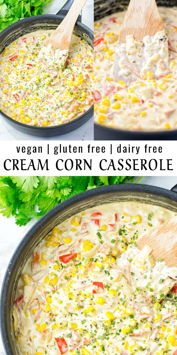 This Cream Corn Casserole is the ultimate comfort food. Ready in 15 minutes. No one would guess it is vegan and so easy to make. The whole family will love in no time. Perfect also for meal prep. #vegan #dairyfree #glutenfree #vegetarian #comfortfood #15minutemeals #contentednesscooking #dinner #lunch #mealprep #budgetmeals #creamcorncasserole #corncasserole #familymeals
