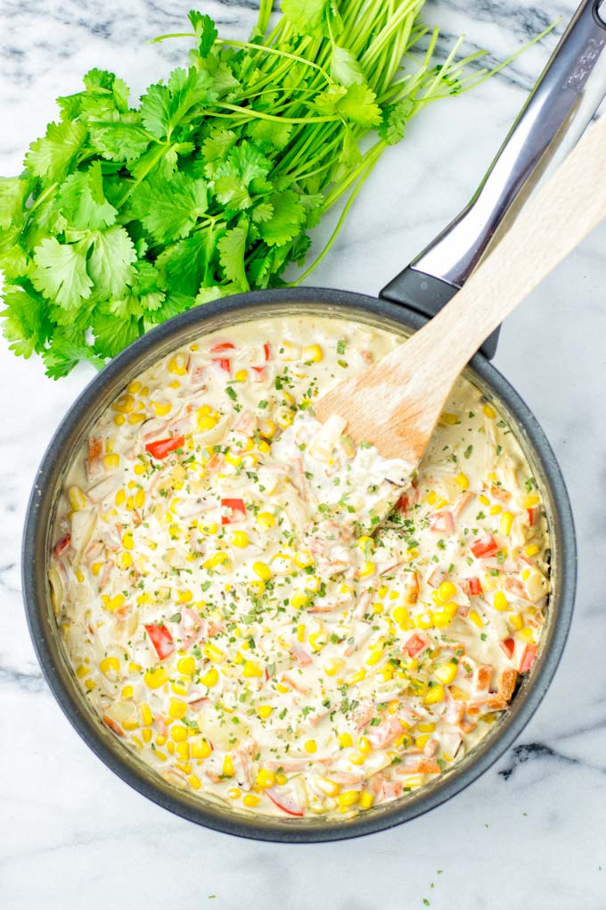 Top view of the casserole with the cream corn.