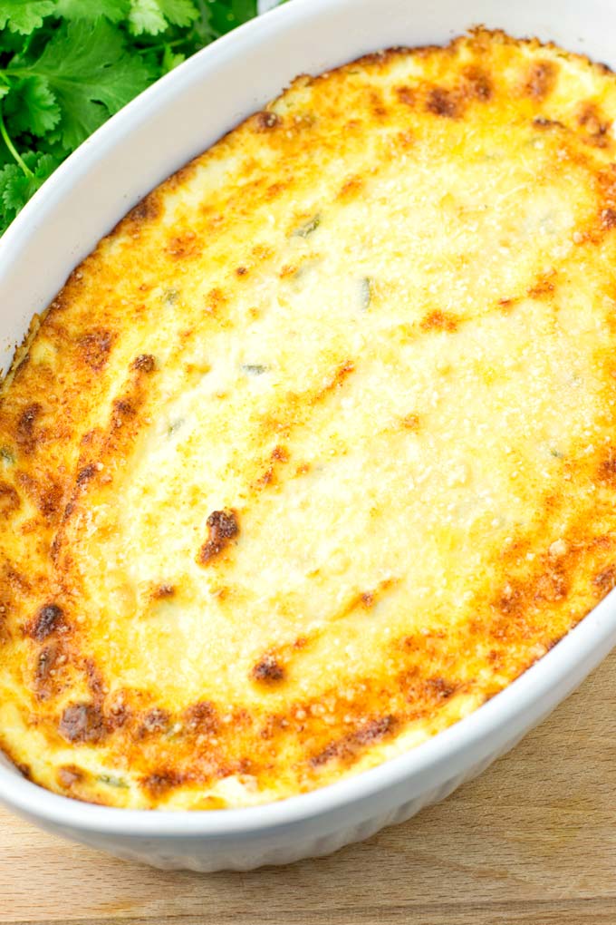 Golden brown crust of the jalapeno dip coming out of the oven.