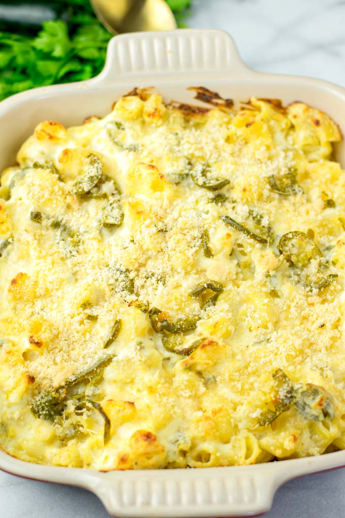 Jalapeno Popper Dip is used for the cream, savory, and spicy sauce of this Jalapeno Mac and Cheese.