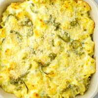 Top view on the casserole dish with the baked mac and cheese.