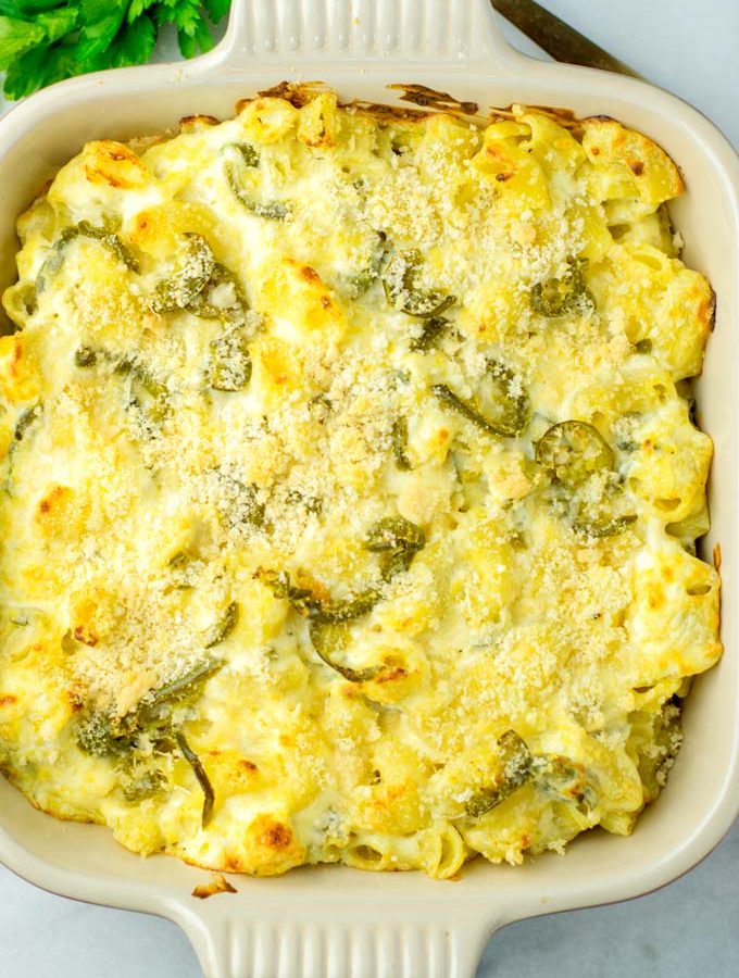 Top view on the casserole dish with the baked mac and cheese.