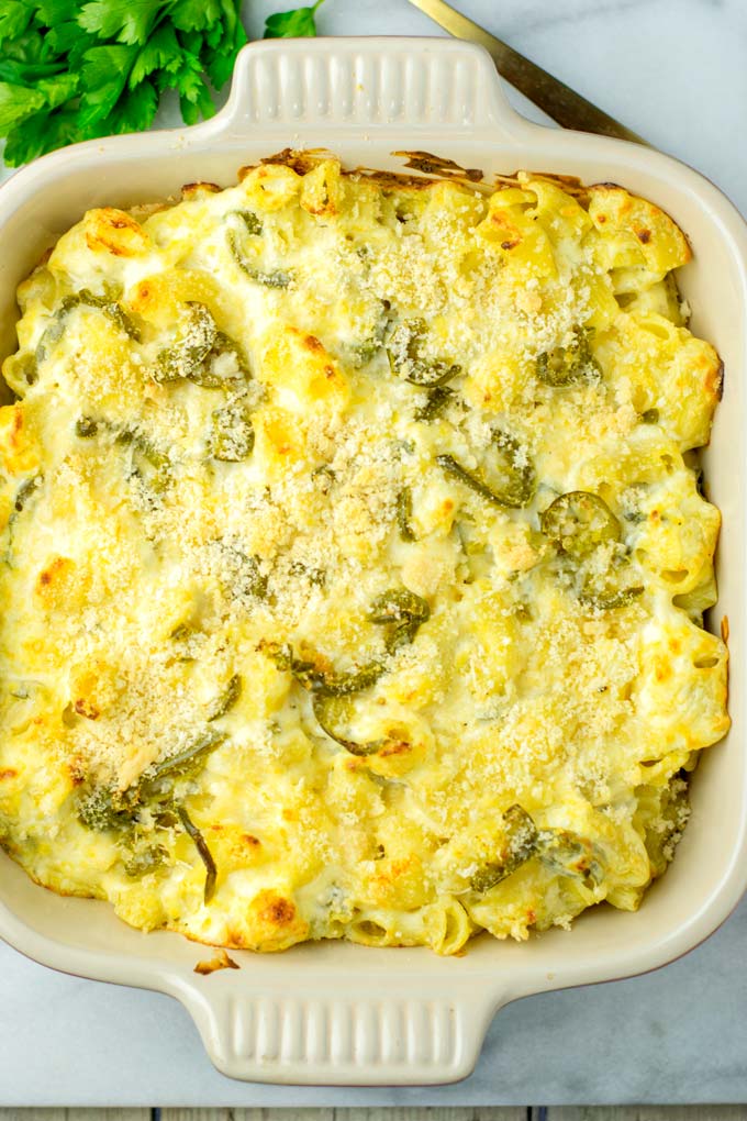 Top view on the casserole dish with the baked mac and cheese.