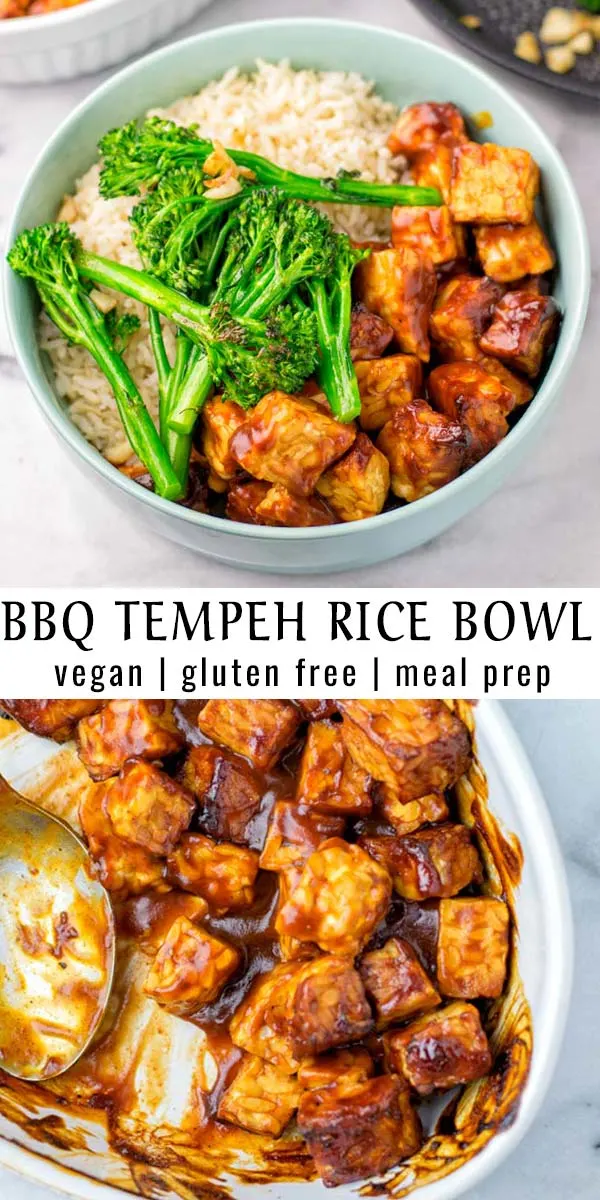 This BBQ Tempeh Rice Bowl is super easy to make and ready in 20 minutes! It is a keeper for any meal prep, dinner, lunch and naturally vegan. #vegan #dairyfree #glutenfree #vegetarian #mealprep #dinner #lunch #budgetmeals #bbqtempeh #ricebowl #contentednesscooking #20minutemeals