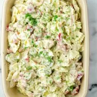 A full dish of the Bow Tie Pasta Salad makes a great addition to every summer dinner.