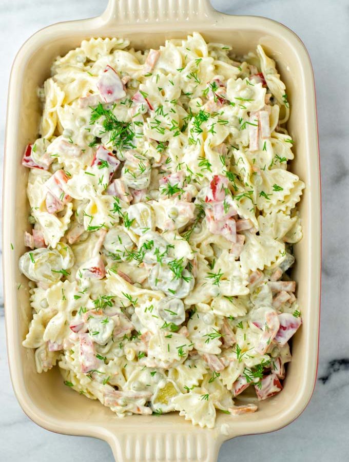 A full dish of the Bow Tie Pasta Salad makes a great addition to every summer dinner.