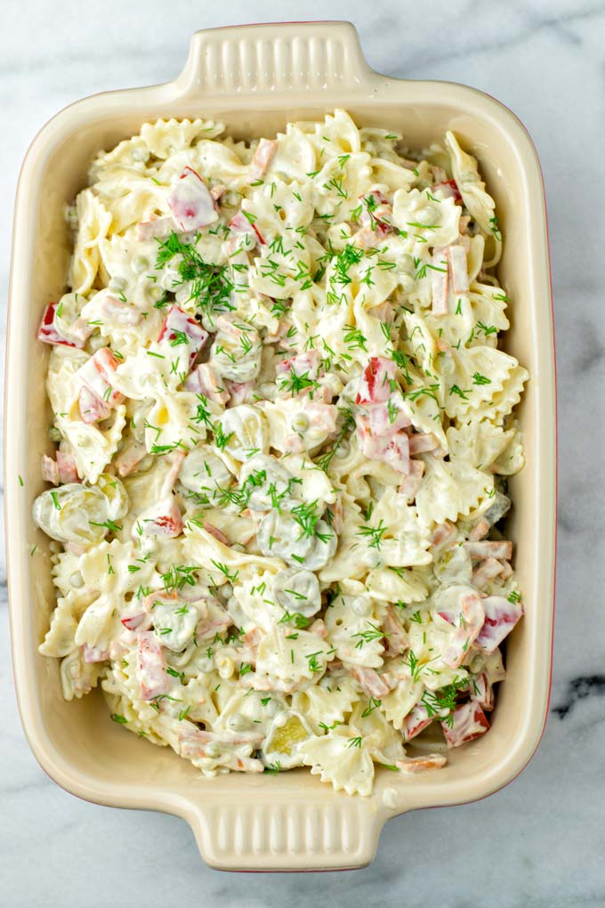 A full dish of the Bow Tie Pasta Salad makes a great addition to every summer dinner.