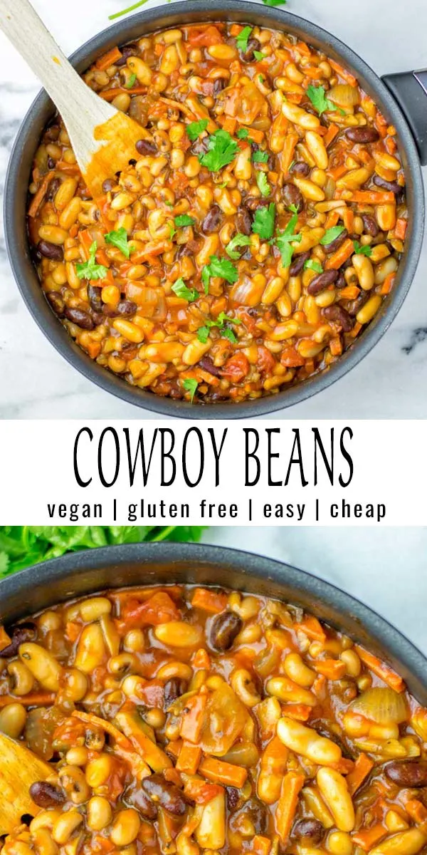 These Cowboy Beans are so easy and delicious. No one would ever taste they are vegan and you will find a instant pot and slow cooker version for more excitement as well. #vegan #glutenfree #dairyfree #onepotmeals #vegetarian #mealprep #dinner #lunch #comfortfood #cowboybeans #instantpot #slowcooker #contentednesscoking #familymeals