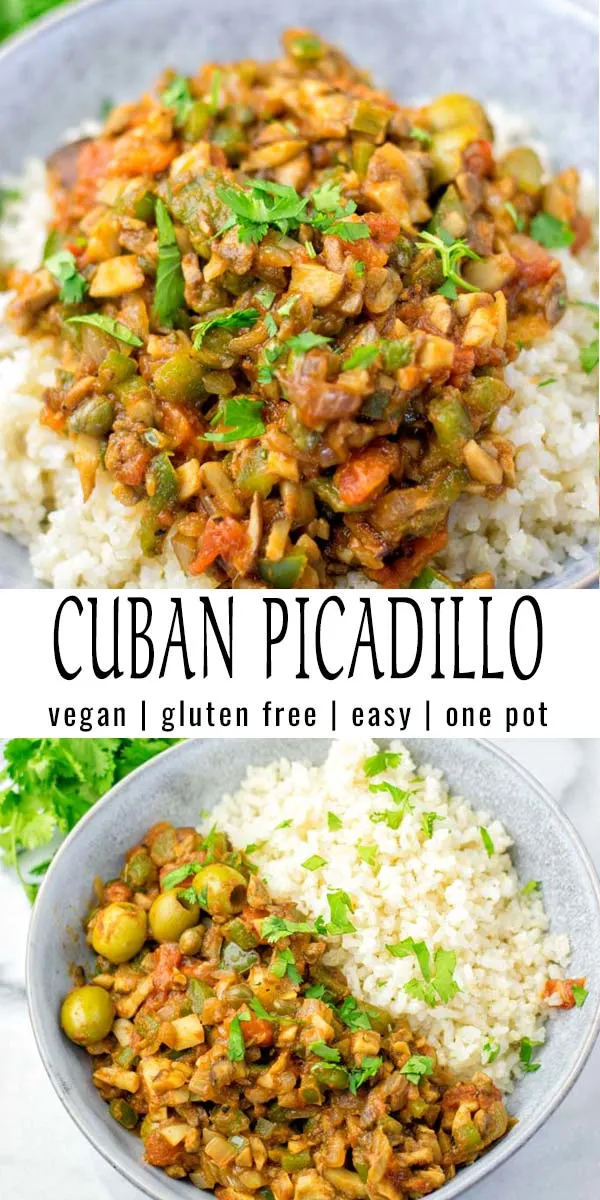 This Cuban Picadillo is super easy and made in one pot. Just 20 minutes and it is on the table. Packed with fantastic flavors that the whole family will love. Naturally vegan thanks to mushrooms as meat substitute, a keeper for dinner, meal prep, lunch and so much more. #vegan #glutenfree #vegetarian #dairyfree #onepotmeals #contentednesscooking #cubanopicadillo #budgetmeals #dinner #lunch #mealprep #budgetmeals #worklunchideas