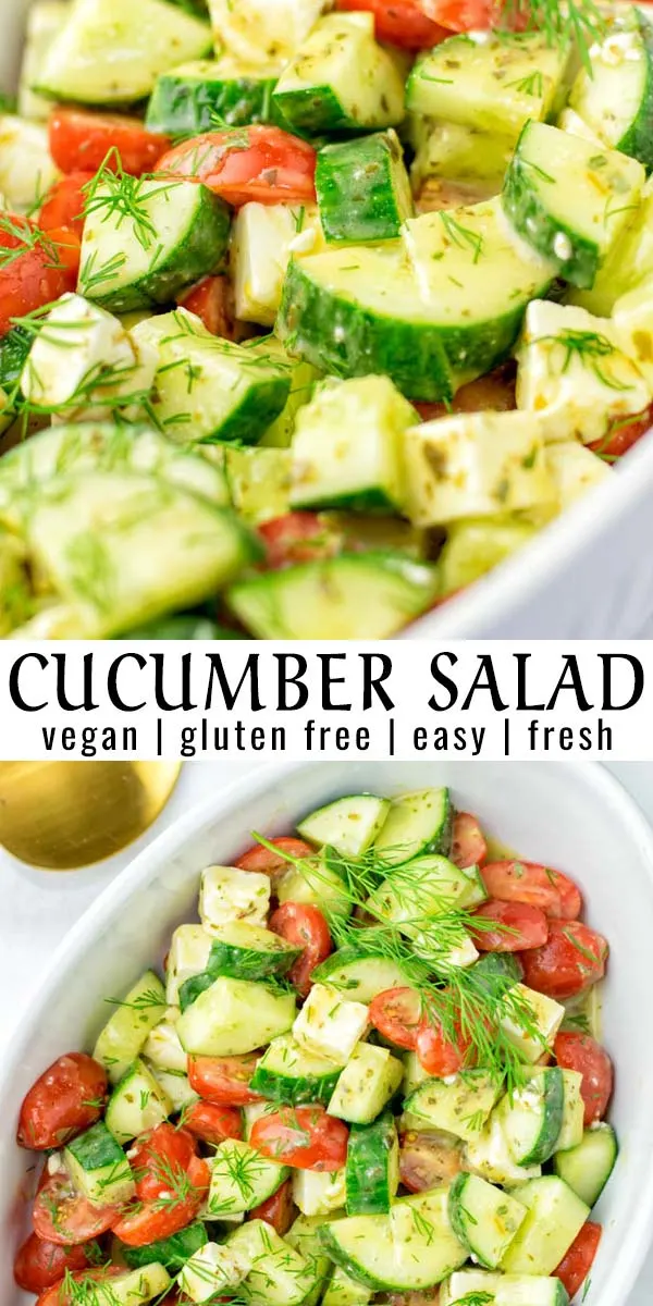 This Cucumber and Tomato Salad will be a family favorite in no time. Super easy to make and naturally vegan. #vegan #dairyfree #glutenfree #vegetarian #dinner #lunch #mealprep #budgetmeals #worklunchideas #contentednesscooking #cucumberandtomatosalad