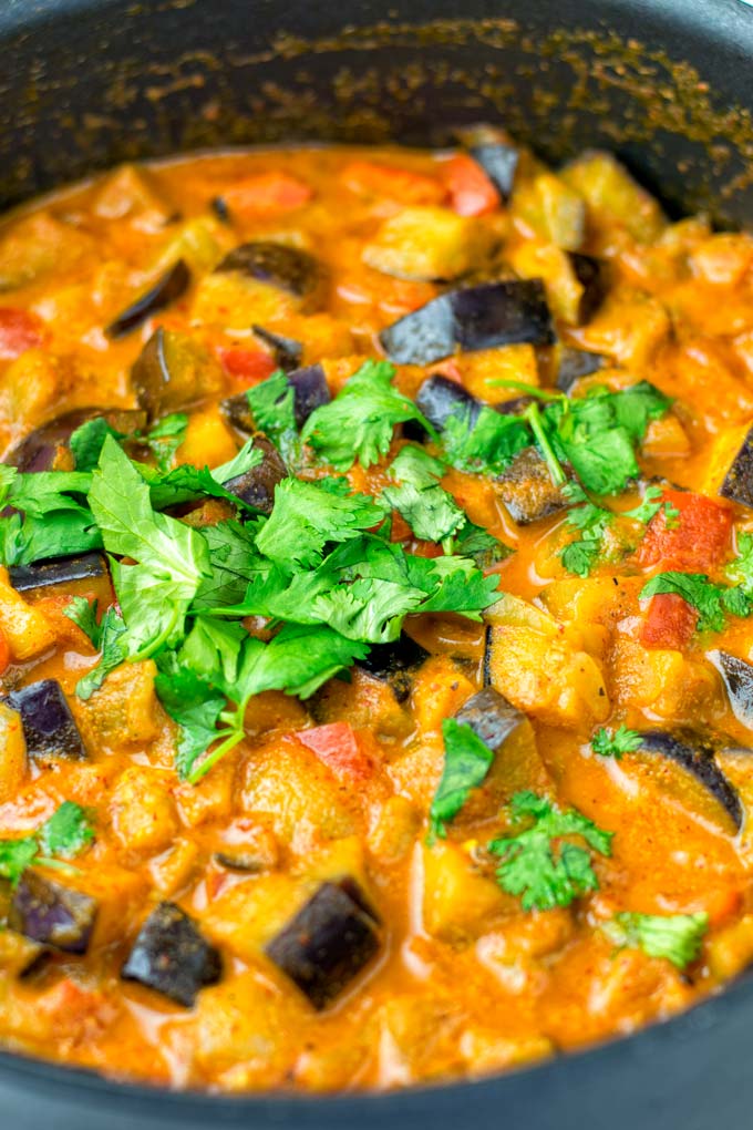 Closeup of the creamy curry, decorated with cilantro.