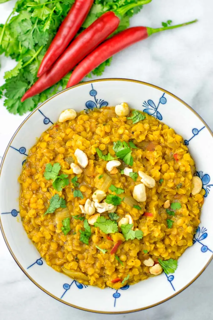 Top view of the Dal after cooking, decorated with some cilantro.