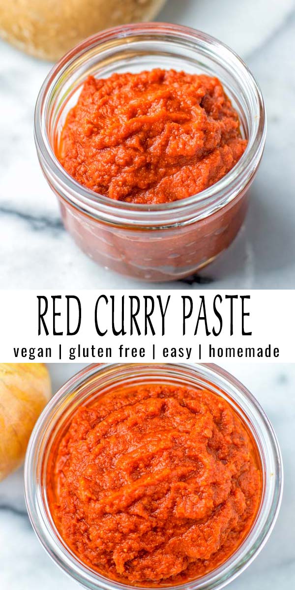 Easy and homemade: This Red Curry paste is naturally vegan, versatile and made with simple ingredients. Amazing for curries, stews, soups for dinner, lunch or meal prep. Also you will find a version without any food processor or blender. #vegan #dairyfree #glutenfree #condiment #vegetarian #curries #stews #soups #contentednesscooking #dinner #lunch #mealprep #redcurrypaste #homemade