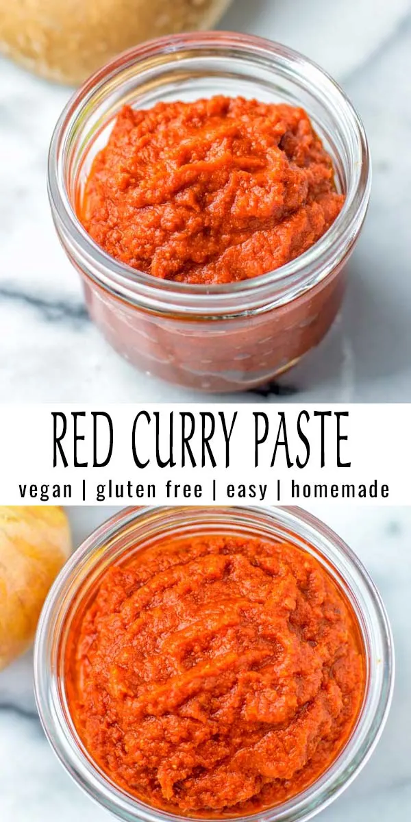 Easy and homemade: This Red Curry paste is naturally vegan, versatile and made with simple ingredients. Amazing for curries, stews, soups for dinner, lunch or meal prep. Also you will find a version without any food processor or blender. #vegan #dairyfree #glutenfree #condiment #vegetarian #curries #stews #soups #contentednesscooking #dinner #lunch #mealprep #redcurrypaste #homemade