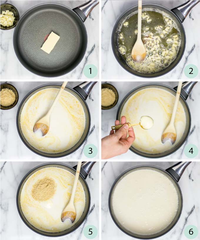 Step by step instruction pictures of how the make the keto Alfredo sauce.