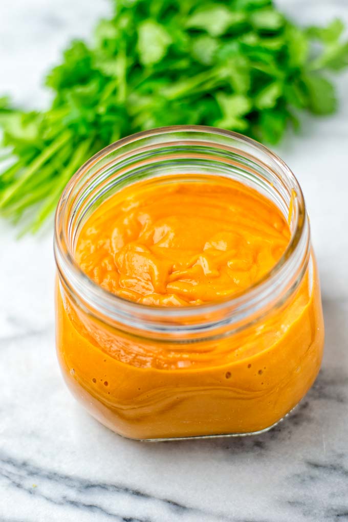 Yum Yum Sauce after preparation in the blender and transferred to a glass jar.