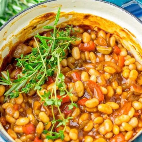 Fresh herbs top the Baked Beans.
