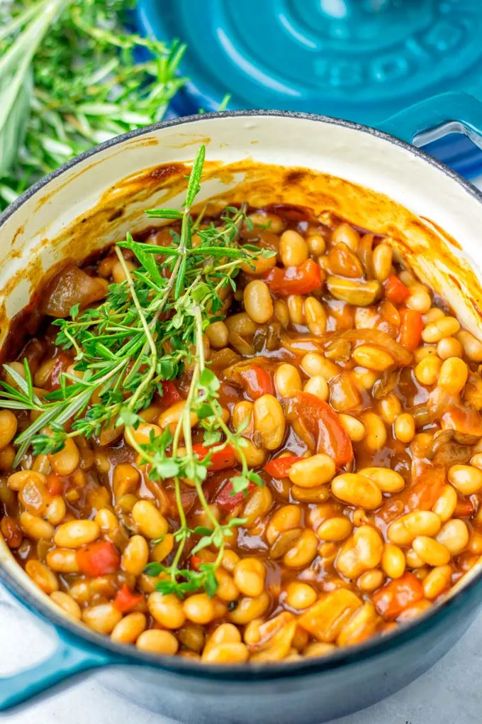 Fresh herbs top the Baked Beans.