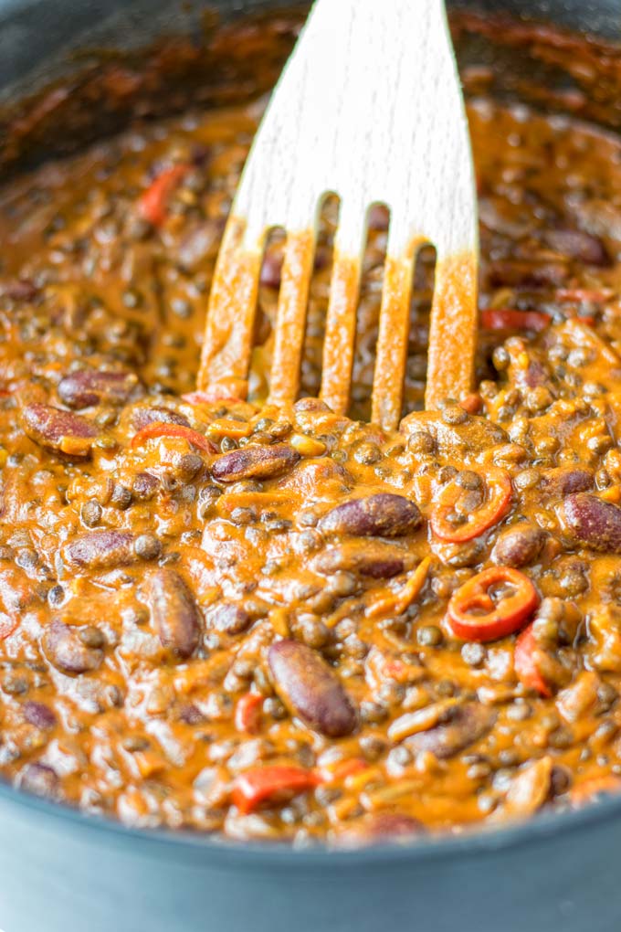 Closeup view of the Dal Makhani, showing the creamy lentils.