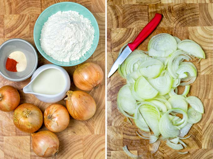 Overview of ingredients and how thinly the onions need to be sliced.